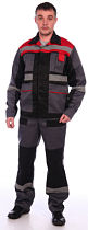 Комплект рабочий Флагман куртка/полукомбинезон серый/черный/красн тк.Смесовая с СОП (арт. КОСФ 019)